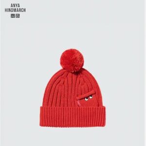 Anya Hindmarch Uniqlo red touch of wool heattech pompom beanie hat NWT